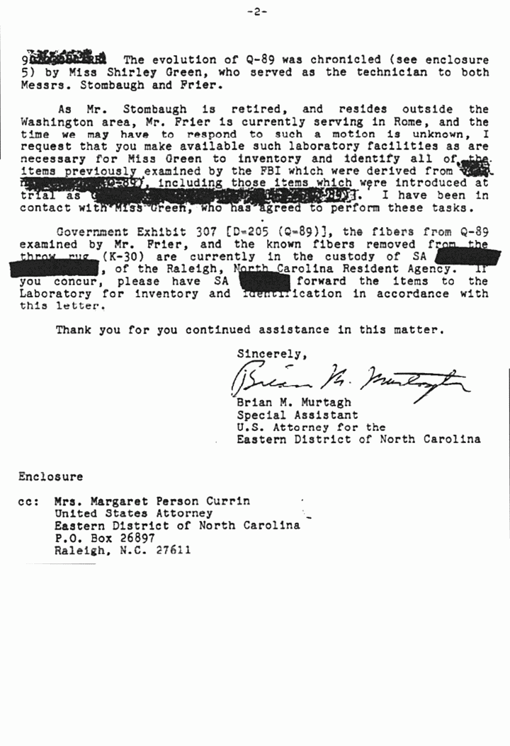February 20, 1990: Letter from Brian Murtagh to Kenneth Nimmich (FBI) re: Ted Gunderson's Allegations of Fiber Misidentification and Cover-Up, p. 2 of 2