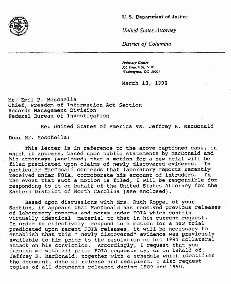 March 13, 1990: Letter from Brian Murtagh to Emil Moschella (FBI FOIA Section) re: FOIA materials reqeusted and received by Jeffrey MacDonald, p. 1 of 2