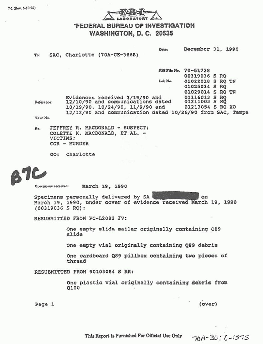 December 31, 1990: FBI Lab File re: Evidence received, p. 1 of 12