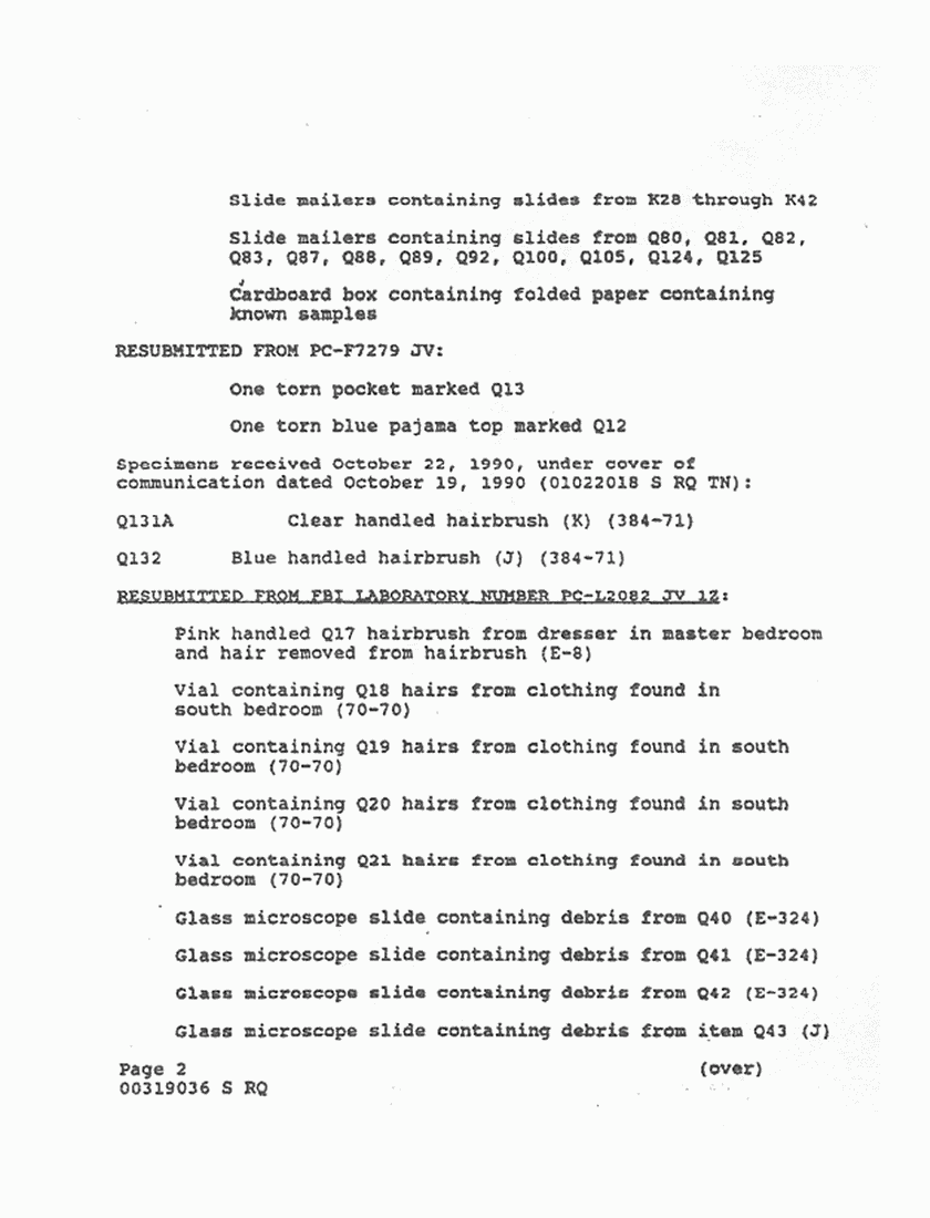 December 31, 1990: FBI Lab File re: Evidence received, p. 2 of 12