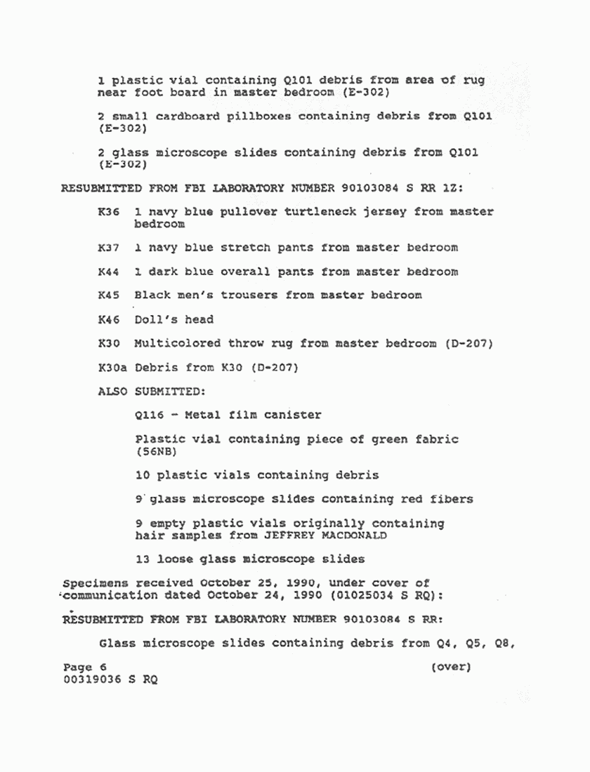 December 31, 1990: FBI Lab File re: Evidence received, p. 6 of 12