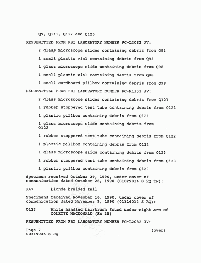 December 31, 1990: FBI Lab File re: Evidence received, p. 7 of 12