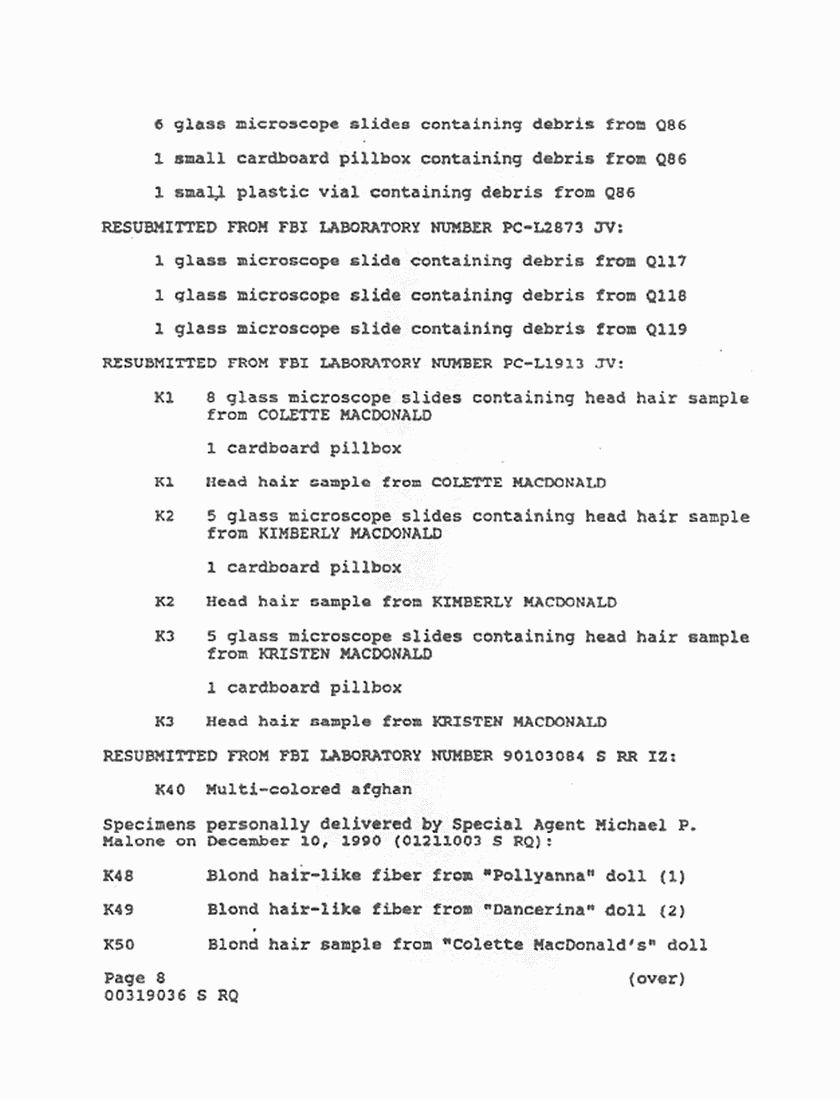 December 31, 1990: FBI Lab File re: Evidence received, p. 8 of 12