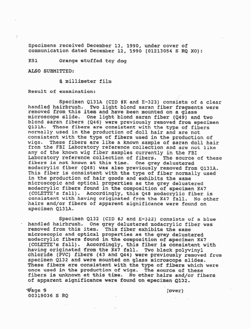 December 31, 1990: FBI Lab File re: Evidence received, p. 9 of 12