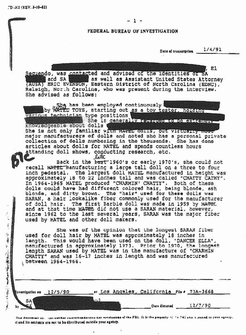 January 4, 1991: FBI File re: Dec. 5, 1990 interview of Judy Schizas (Mattel doll specialist), p. 1 of 2