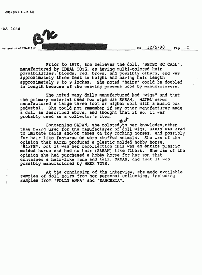 January 4, 1991: FBI File re: Dec. 5, 1990 interview of Judy Schizas (Mattel doll specialist), p. 2 of 2