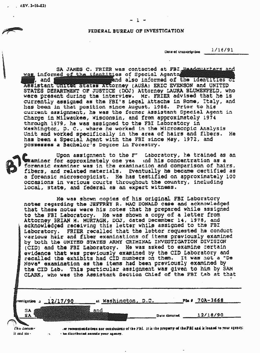 January 16, 1991: FBI File re: Dec. 17, 1990 interview of FBI SA James Frier, p. 1 of 6