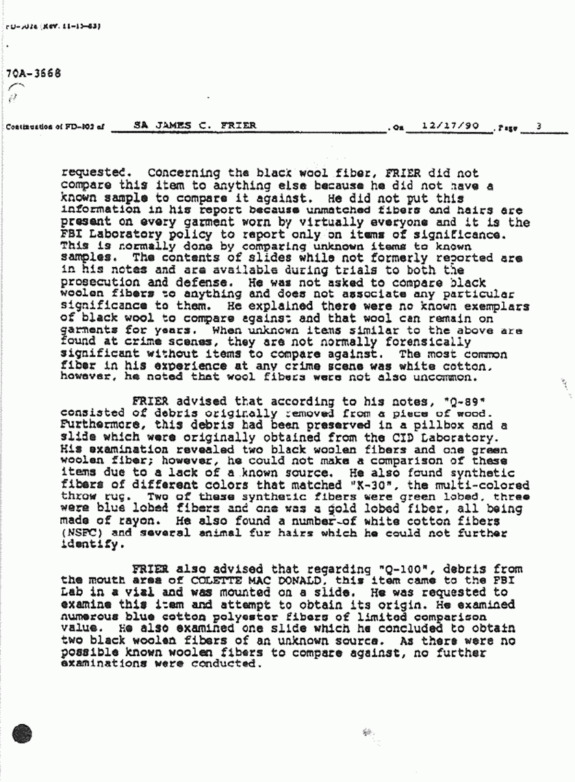 January 16, 1991: FBI File re: Dec. 17, 1990 interview of FBI SA James Frier, p. 3 of 6