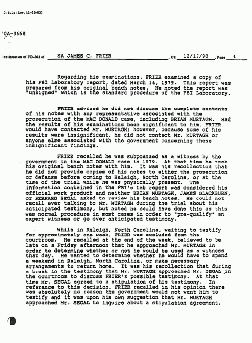 January 16, 1991: FBI File re: Dec. 17, 1990 interview of FBI SA James Frier, p. 4 of 6