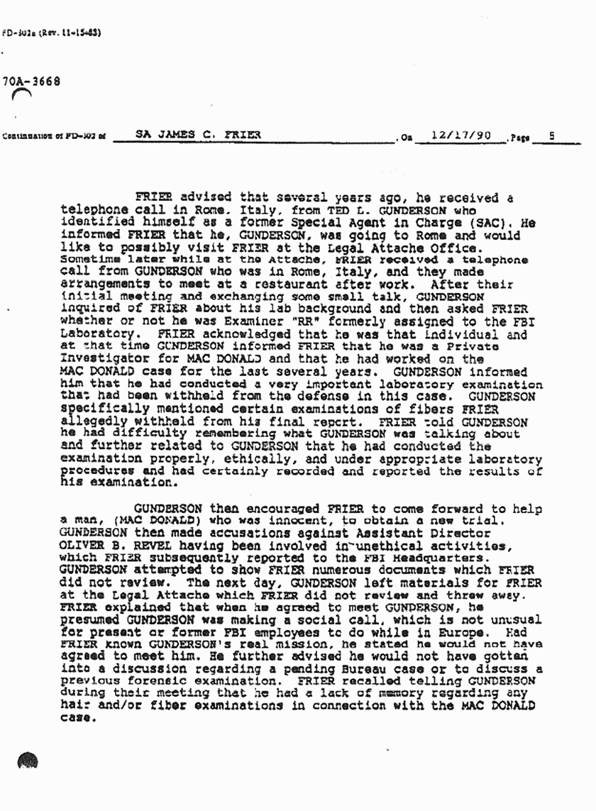 January 16, 1991: FBI File re: Dec. 17, 1990 interview of FBI SA James Frier, p. 5 of 6