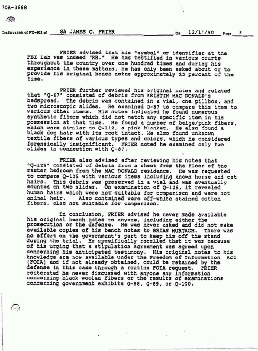 January 16, 1991: FBI File re: Dec. 17, 1990 interview of FBI SA James Frier, p. 6 of 6