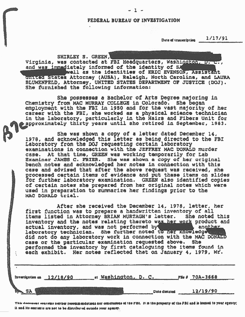 January 17, 1991: FBI File re: Dec. 18, 1990 interview of Shirley Green (FBI), p. 1 of 3