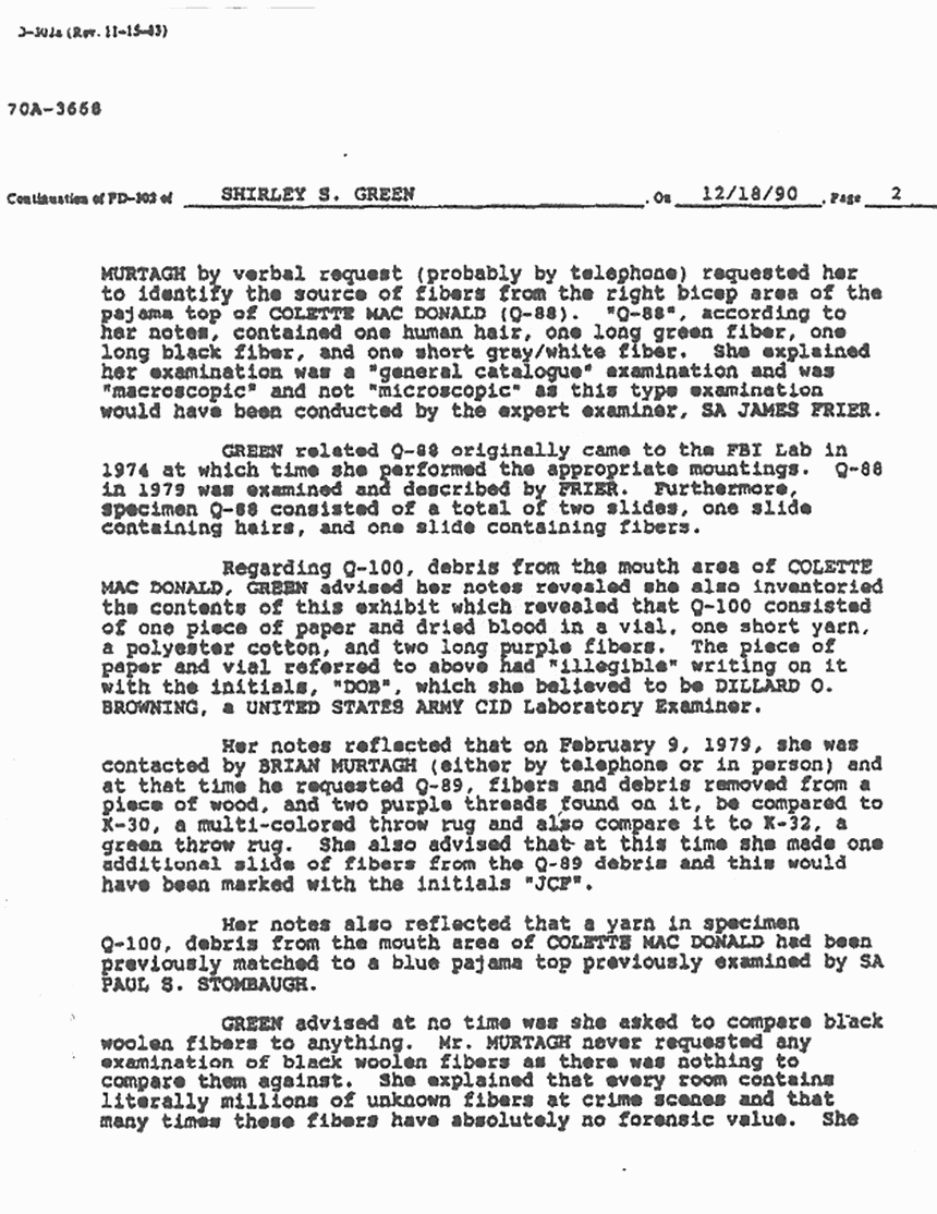 January 17, 1991: FBI File re: Dec. 18, 1990 interview of Shirley Green (FBI), p. 2 of 3