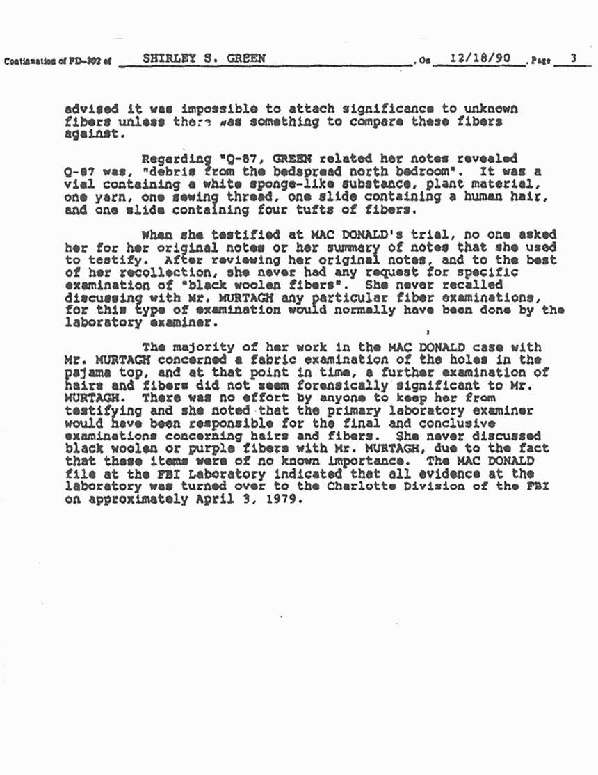 January 17, 1991: FBI File re: Dec. 18, 1990 interview of Shirley Green (FBI), p. 3 of 3