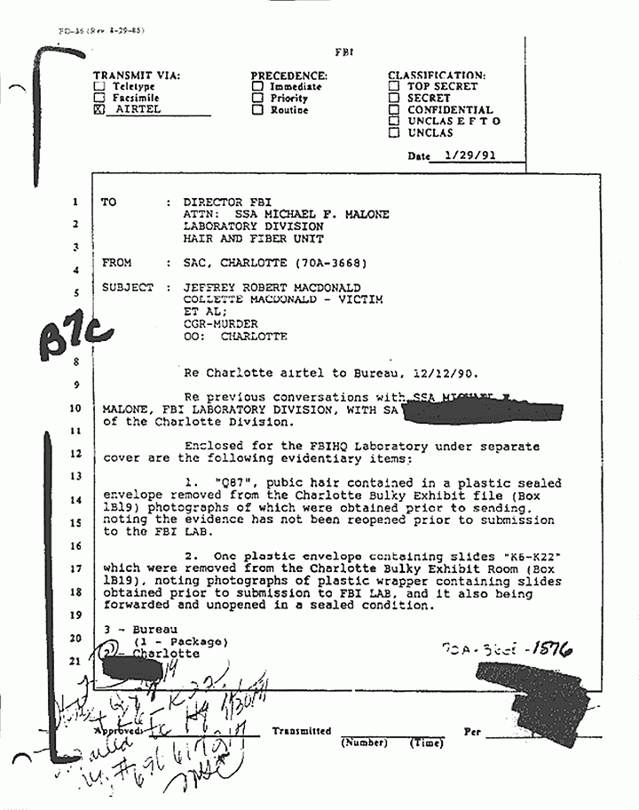 January 29, 1991: FBI Airtel request for Michael Malone to conduct hair analyses, p. 1 of 2