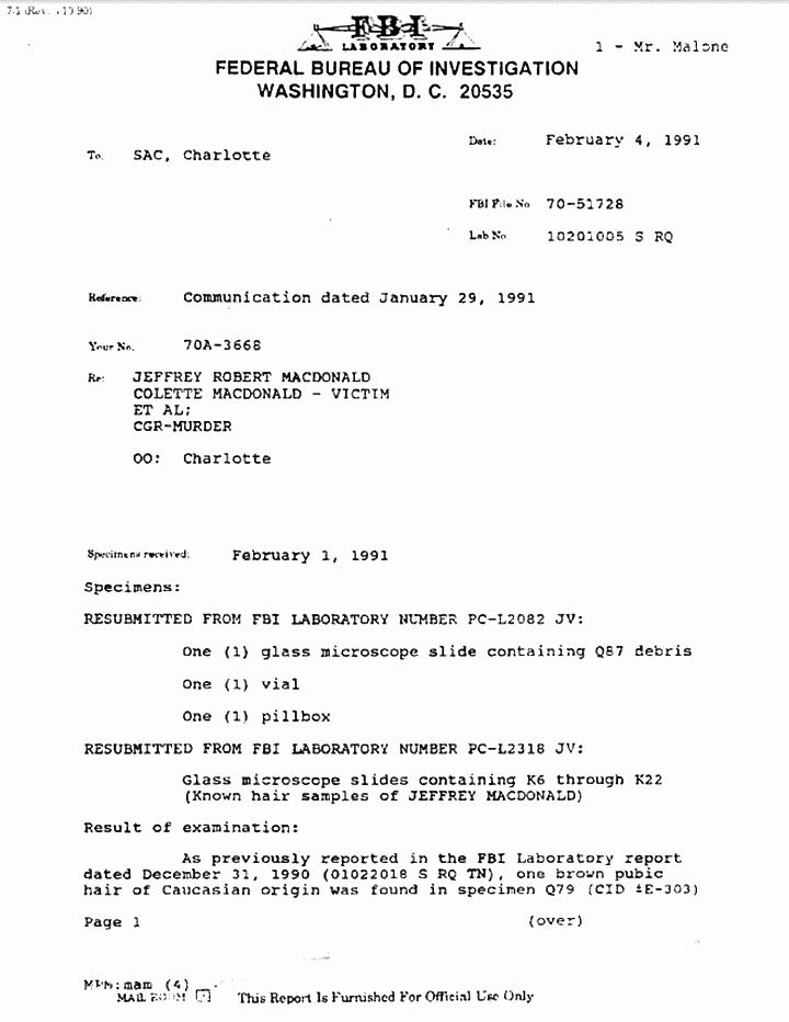 February 4, 1991: FBI Report by Michael Malone re: examinations of hairs, p. 1 of 2