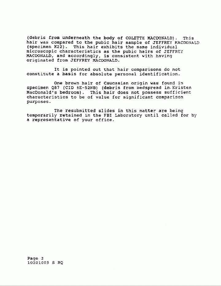 February 4, 1991: FBI Report by Michael Malone re: examinations of hairs, p. 2 of 2