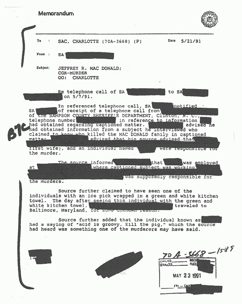 May 21, 1991: FBI Memo re: Information received in the Jeffrey MacDonald murder case