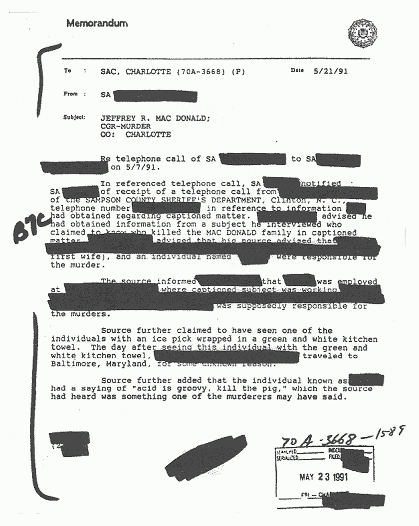 FBI memo re: Information received in the Jeffrey MacDonald case ...