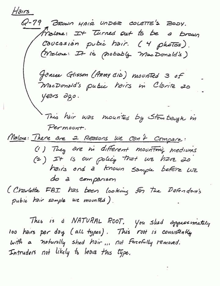 Circa 1991: Notes of Michael Malone (FBI) re: FBI Exhibits Q79 (hair from under body of Colette MacDonald) and Q87 (hair from bedspread of Kristen MacDonald), p. 1 of 2