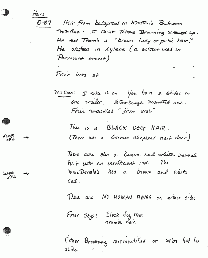 Circa 1991: Notes of Michael Malone (FBI) re: FBI Exhibits Q79 (hair from under body of Colette MacDonald) and Q87 (hair from bedspread of Kristen MacDonald), p. 2 of 2