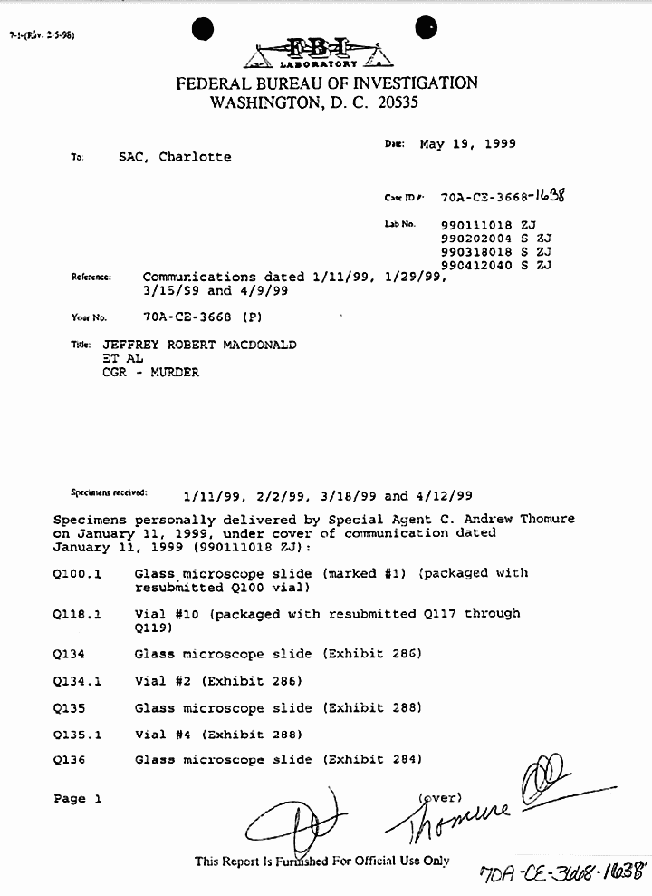 May 19, 1999: FBI Laboratory Report by Robert Fram, p. 1 of 5