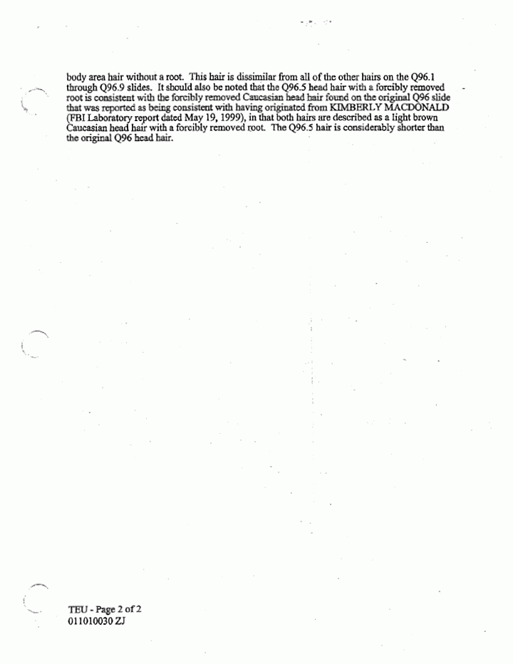 November 1, 2001: FBI Lab Examiner Robert Fram's report re: Examination of FBI Exhibit Q96 (AFDIL Specimen 112A: hairs removed from multi-colored bedspread in east bedroom), p. 2 of 2