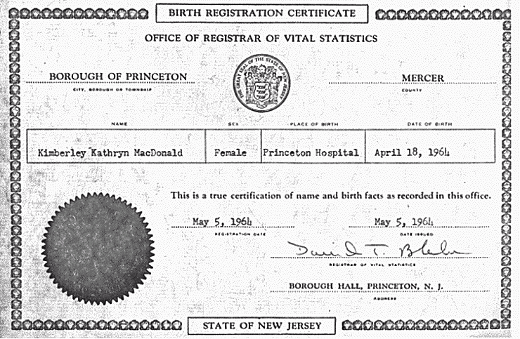 April 18, 1964: Birth Certificate of Kimberley MacDonald