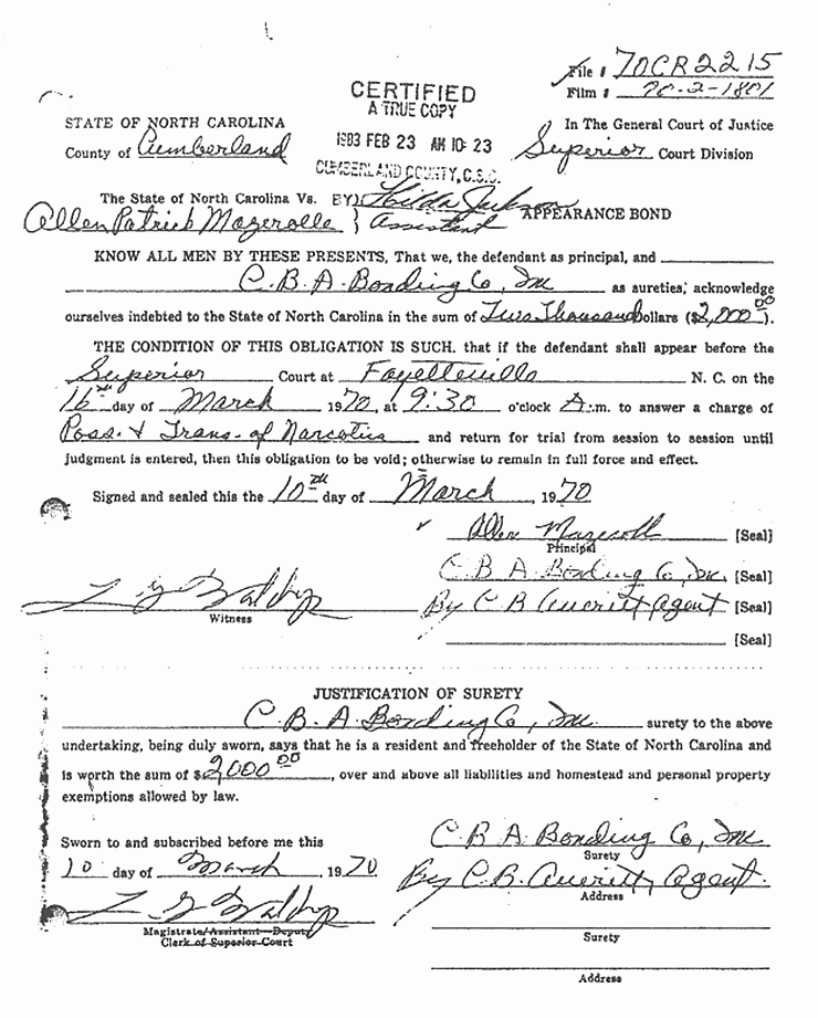 March 10, 1970: Appearance Bond form for Allen Mazerolle