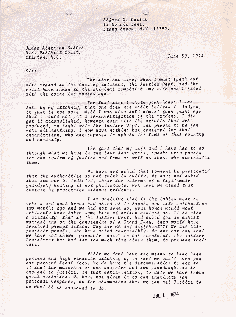 Alfred Kassab letter to Algernon Butler, U.S. District Court Judge
