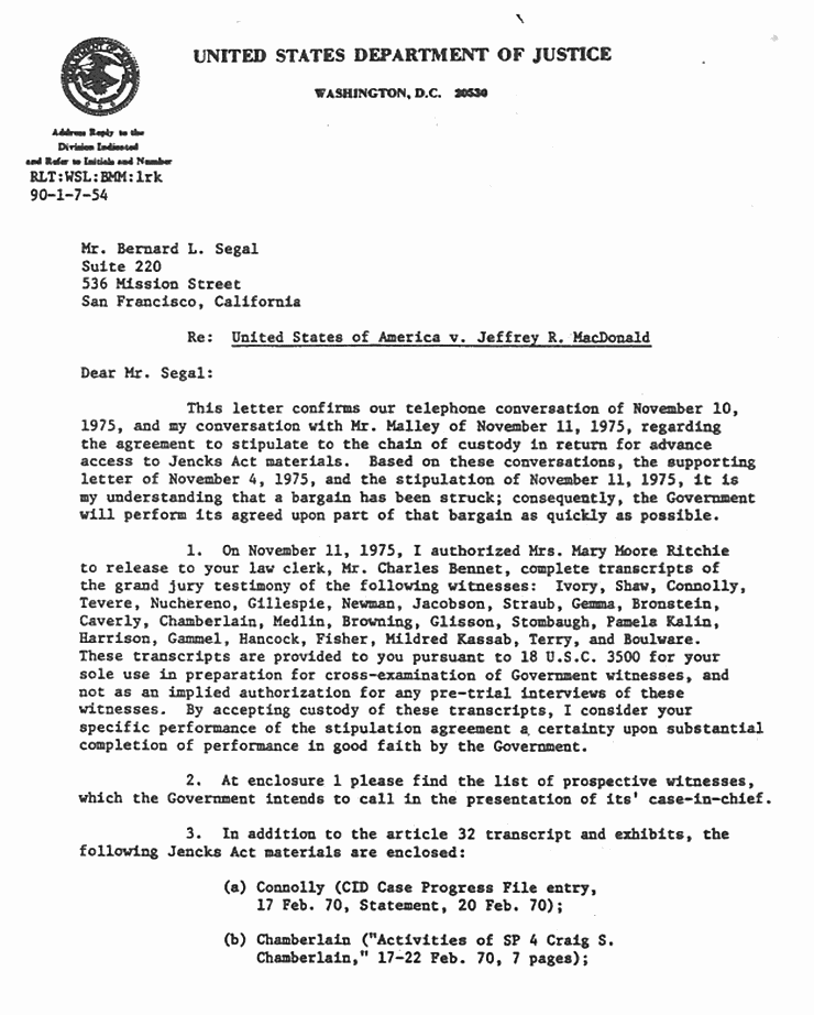 Circa November 13, 1975: Letter to Bernard Segal from Brian Murtagh re: Agreement to stipulate to the chain of custody in return for advance access to Jencks Act materials, p. 1 of 3