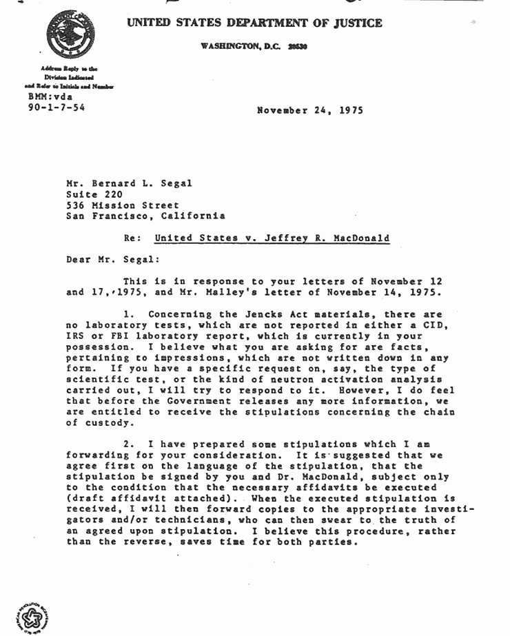 November 24, 1975: Letter to Bernard Segal from Brian Murtagh re: Jencks Act materials, p. 1 of 2