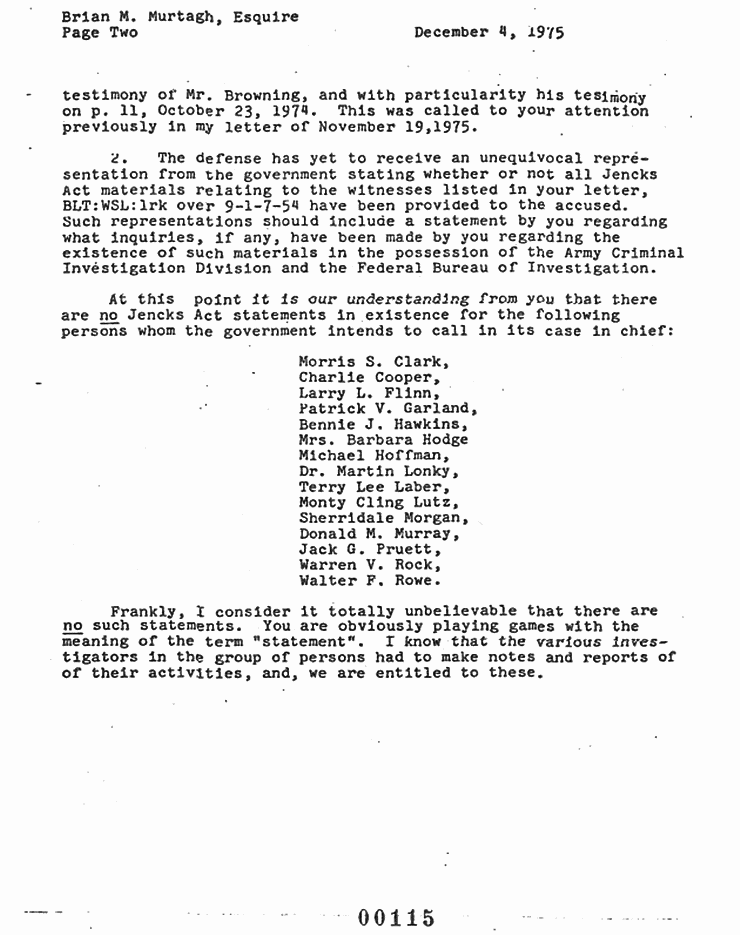 December 4, 1975: Letter to Briam Murtagh from Bernard Segal re: Jencks Act materials, p. 2 of 3