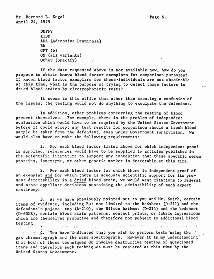 April 24, 1979: Letter from Dept. of Justice to Bernard Segal re: Defense request to forward physical evidence to California, p. 6 of 7