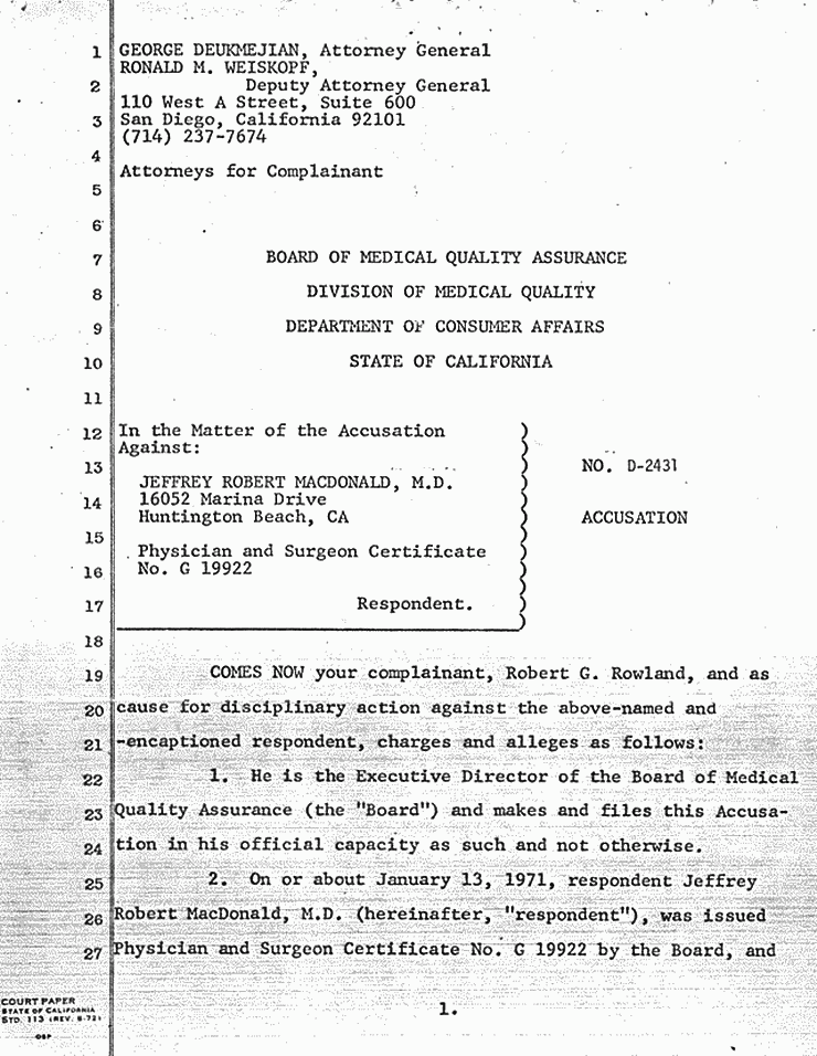 Jeffrey MacDonald's CA medical license Rowland request for revocation