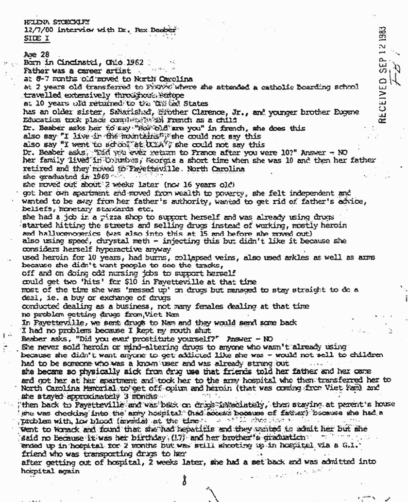 September 12, 1983: Rec'd copy of Dr. Beaber's Dec. 7, 1980 interview of Helena Stoeckley, p. 1 of 10