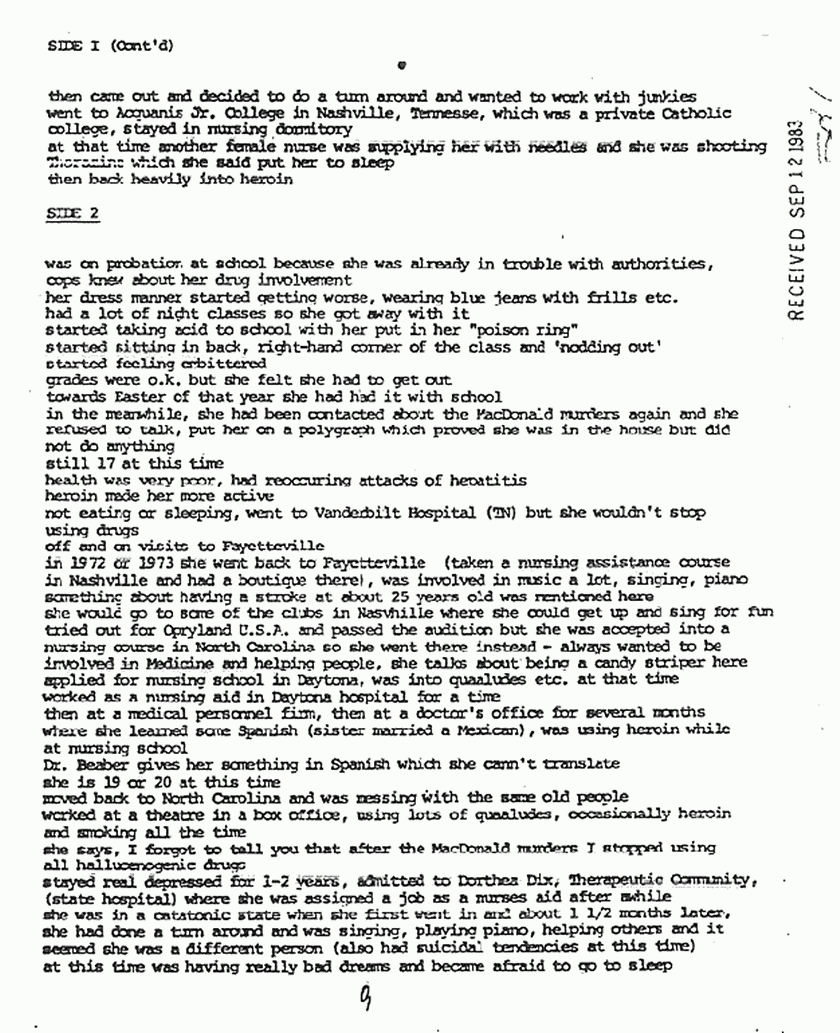 September 12, 1983: Rec'd copy of Dr. Beaber's Dec. 7, 1980 interview of Helena Stoeckley, p. 2 of 10
