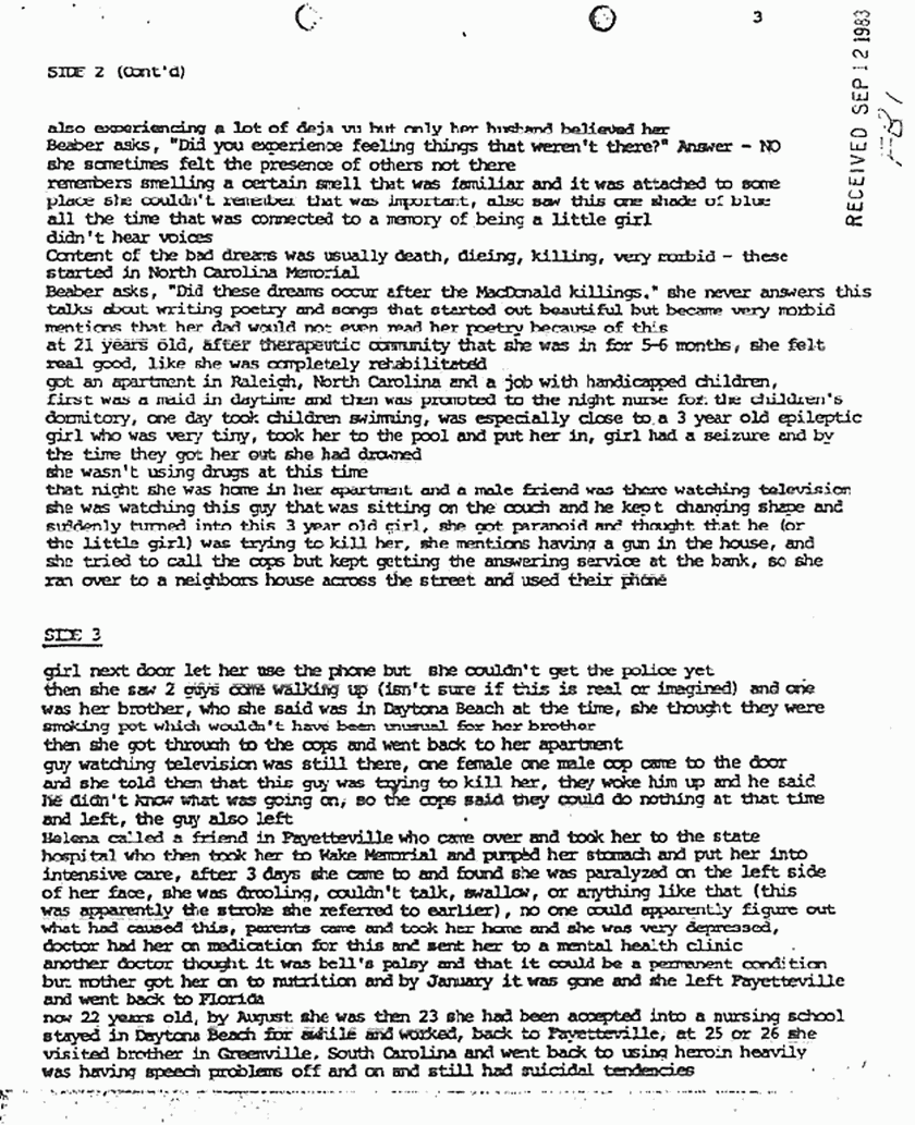 September 12, 1983: Rec'd copy of Dr. Beaber's Dec. 7, 1980 interview of Helena Stoeckley, p. 3 of 10