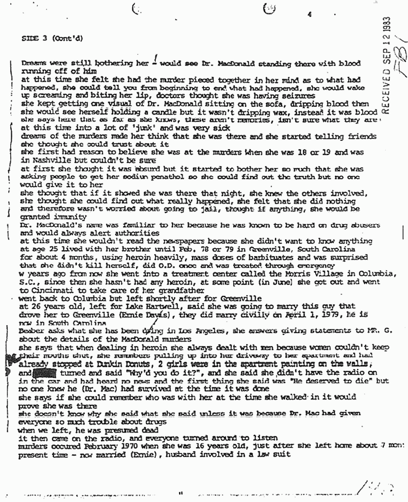 September 12, 1983: Rec'd copy of Dr. Beaber's Dec. 7, 1980 interview of Helena Stoeckley, p. 4 of 10