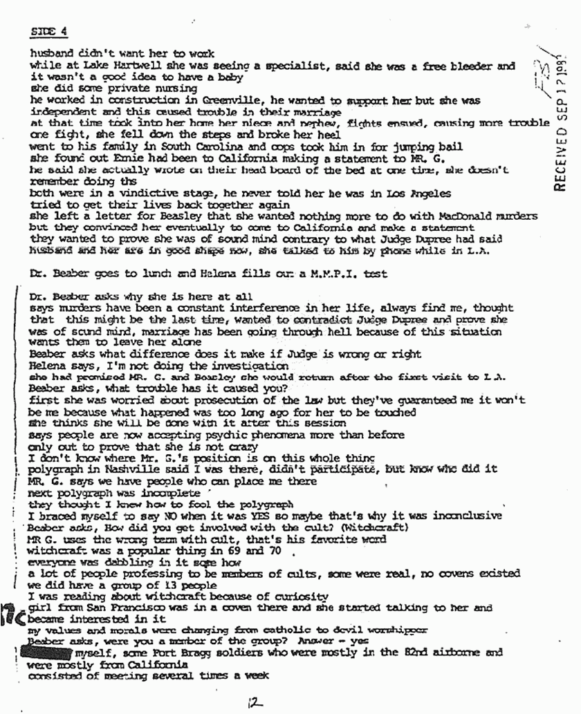 September 12, 1983: Rec'd copy of Dr. Beaber's Dec. 7, 1980 interview of Helena Stoeckley, p. 5 of 10
