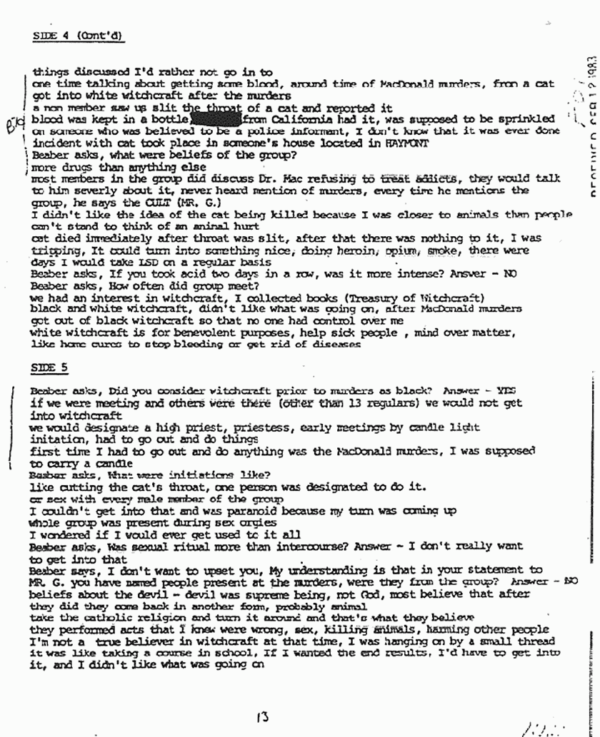 September 12, 1983: Rec'd copy of Dr. Beaber's Dec. 7, 1980 interview of Helena Stoeckley, p. 6 of 10