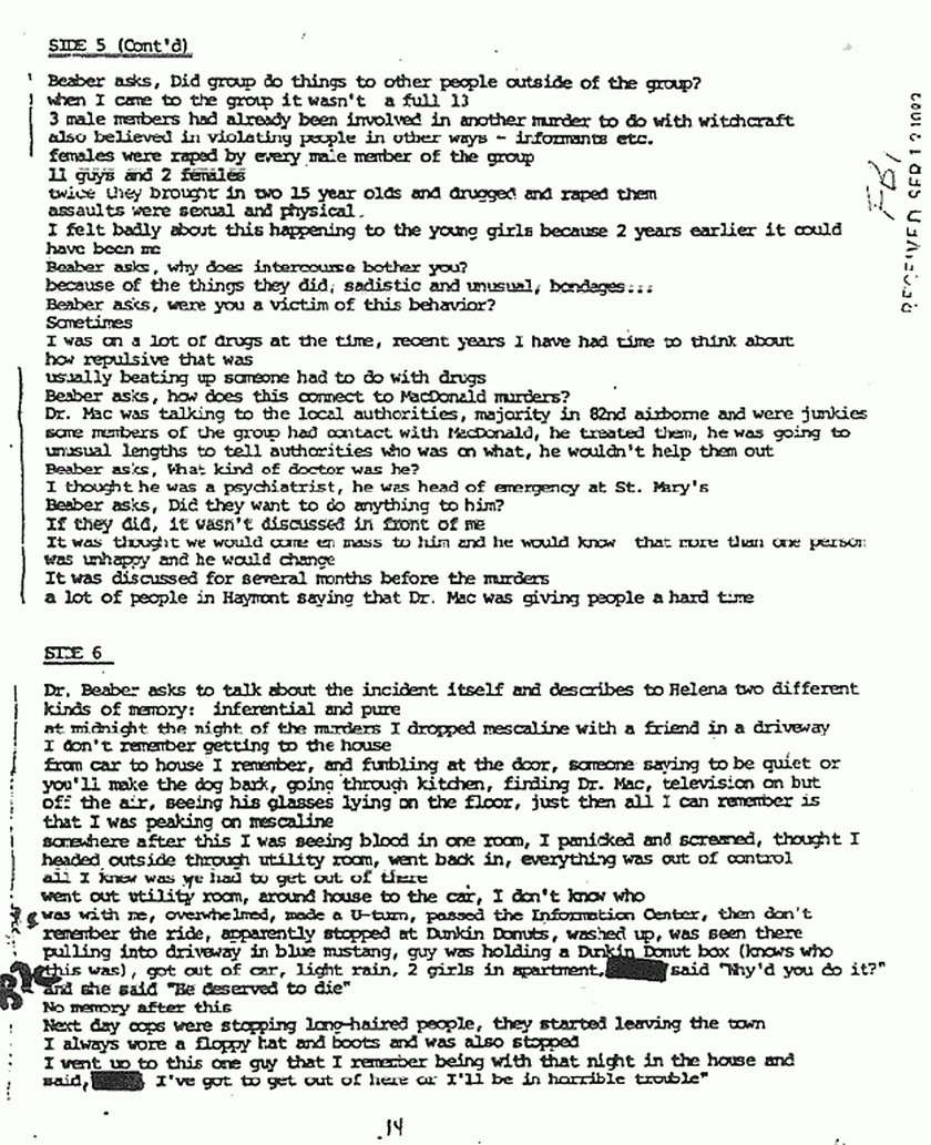 September 12, 1983: Rec'd copy of Dr. Beaber's Dec. 7, 1980 interview of Helena Stoeckley, p. 7 of 10