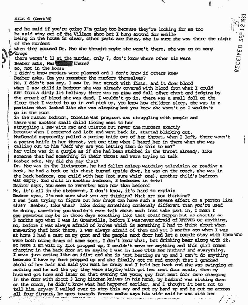 September 12, 1983: Rec'd copy of Dr. Beaber's Dec. 7, 1980 interview of Helena Stoeckley, p. 8 of 10