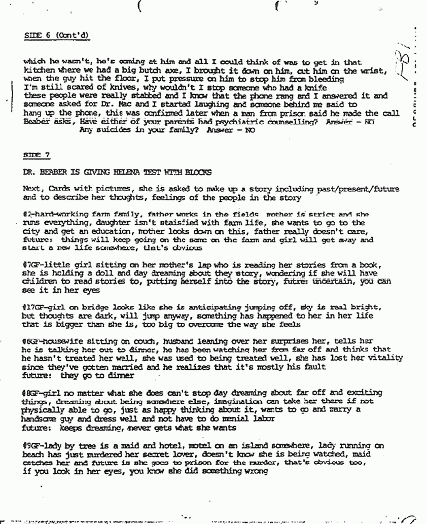 September 12, 1983: Rec'd copy of Dr. Beaber's Dec. 7, 1980 interview of Helena Stoeckley, p. 9 of 10