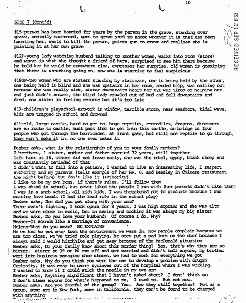 September 12, 1983: Rec'd copy of Dr. Beaber's Dec. 7, 1980 interview of Helena Stoeckley, p. 10 of 10
