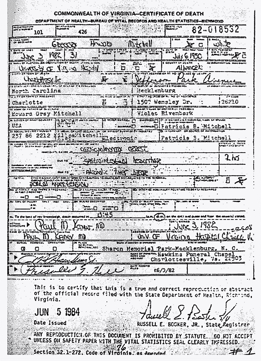 June 3, 1982: Death certificate of Greg Mitchell