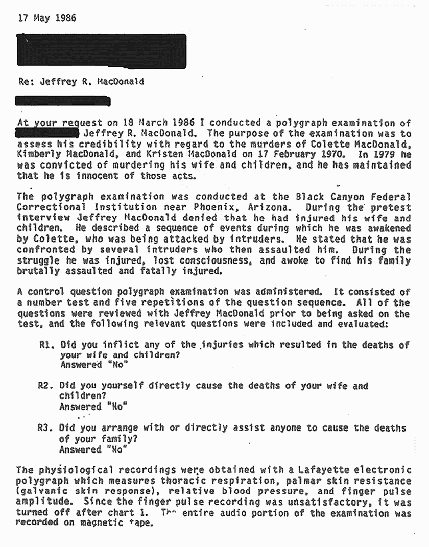 March 16, 1988: Rec'd copy of May 17, 1986 letter from David Raskin re: March 18, 1986 polygraph examination of Jeffrey MacDonald and press release, p. 1 of 3