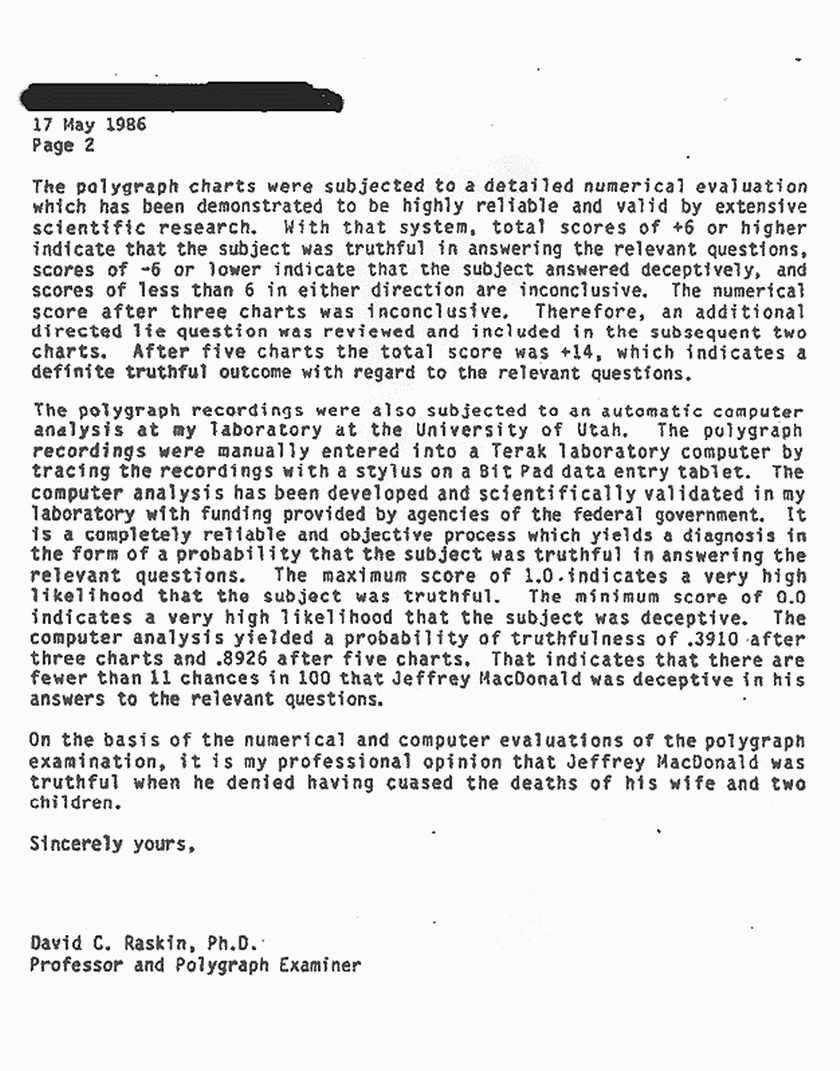 March 16, 1988: Rec'd copy of May 17, 1986 letter from David Raskin re: March 18, 1986 polygraph examination of Jeffrey MacDonald and press release, p. 2 of 3