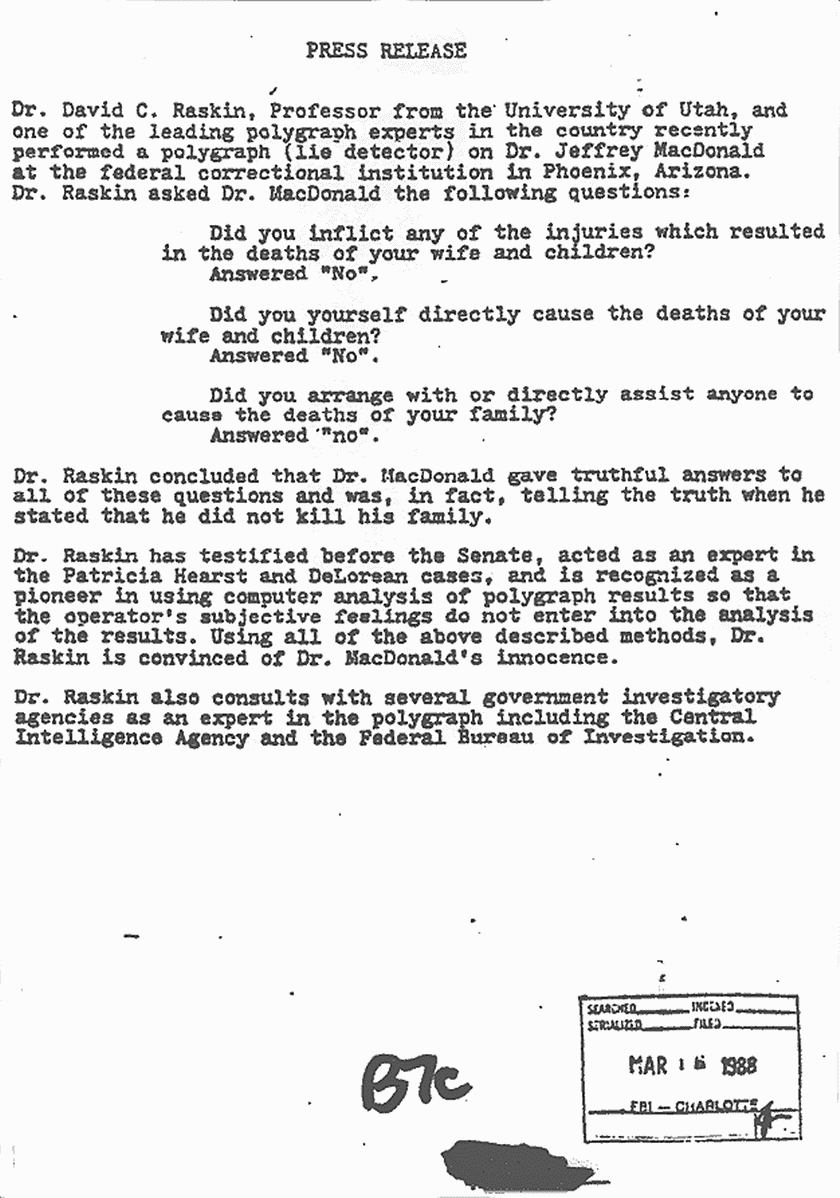 March 16, 1988: Rec'd copy of May 17, 1986 letter from David Raskin re: March 18, 1986 polygraph examination of Jeffrey MacDonald and press release, p. 3 of 3