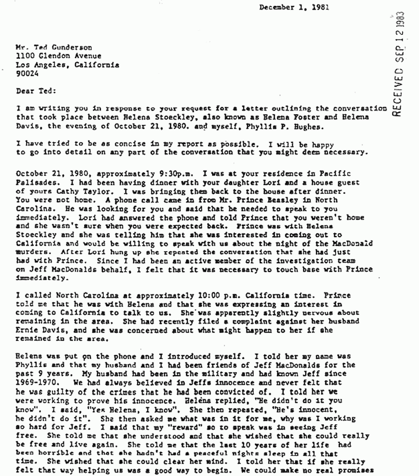 September 12, 1983: Rec'd copy of Phyllis Hughes's Dec. 1, 1981 letter to Ted Gunderson re: Helena Stoeckley, p. 1 of 3